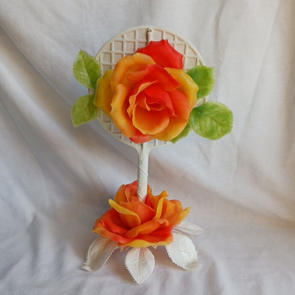Vintage Handheld Mirror Orange Roses Plastic